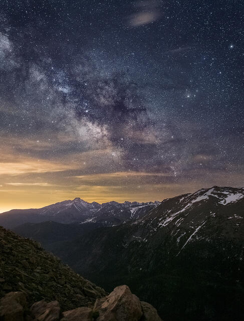 The view of the stars is incredible from 11,000 feet along Trail Ridge Road in Rocky Mountain National Park. The view is towards the southeast with Long's Peak 