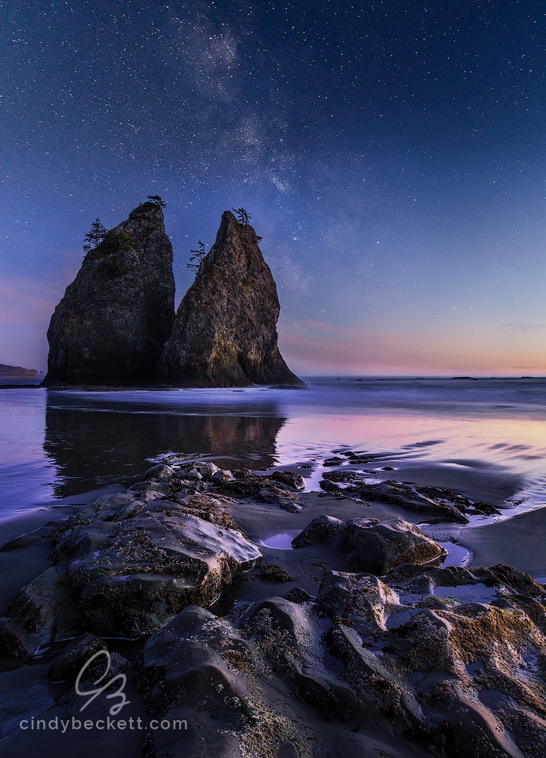 The famous sea stack at Rialto Beach is shown with twilight glow just as the stars of the Milky Way start to emerge.